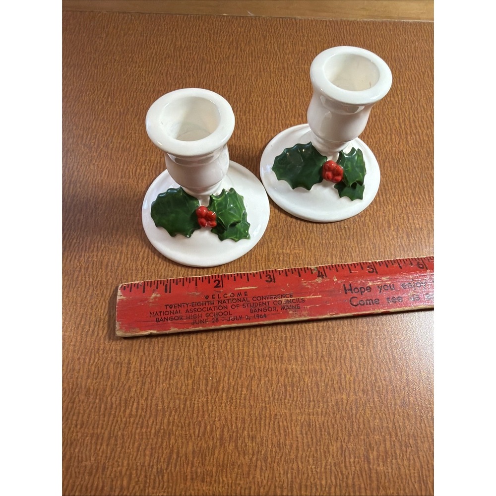 Lillian Vernon Christmas Candle Stick Holder set 2 White Ceramic w Holly Vintage - Picture 5 of 7